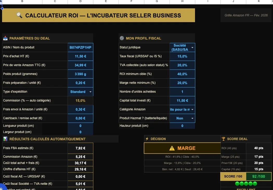 Le Calculateur de ROI Amazon, feuille de calcul